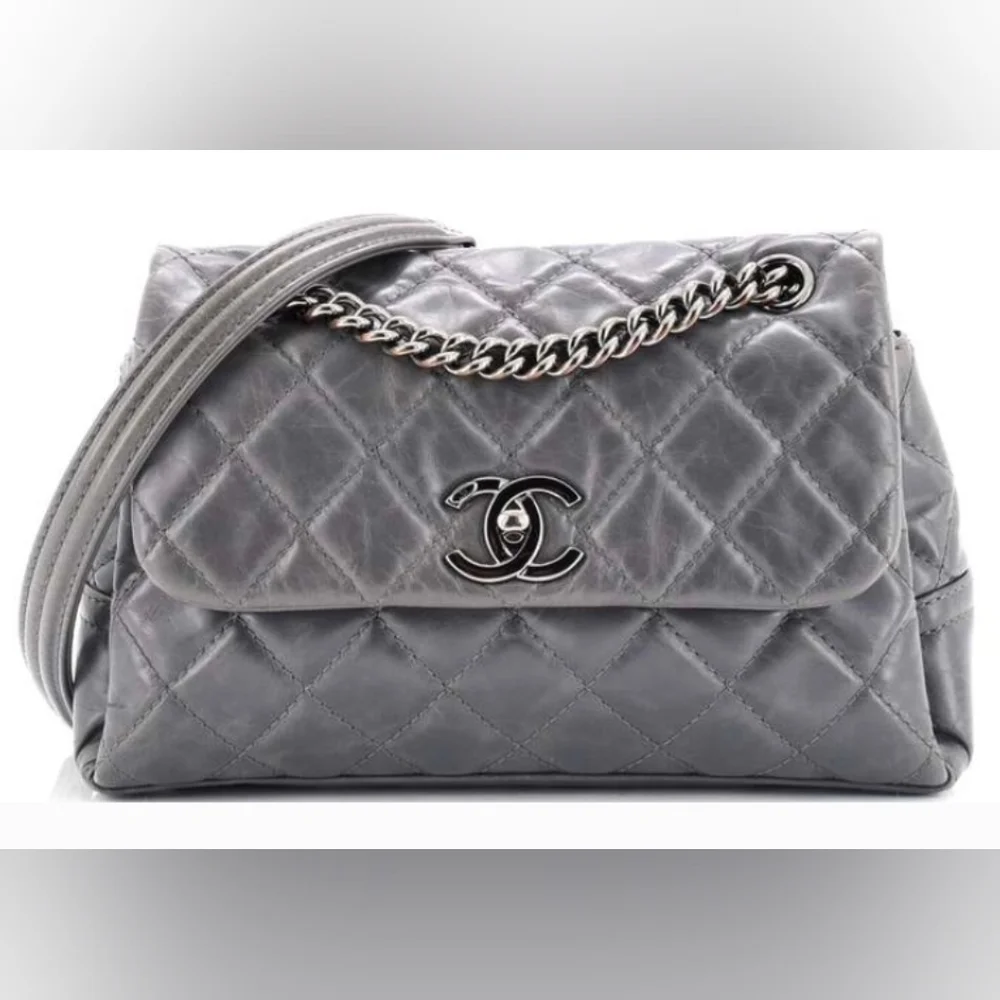 Chanel Gray Calfskin Quilted Leather Bag